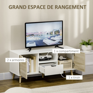 Meuble TV banc TV style scandinave 2 portes tiroir niche piètement bois de pin panneaux blanc aspect chêne clair