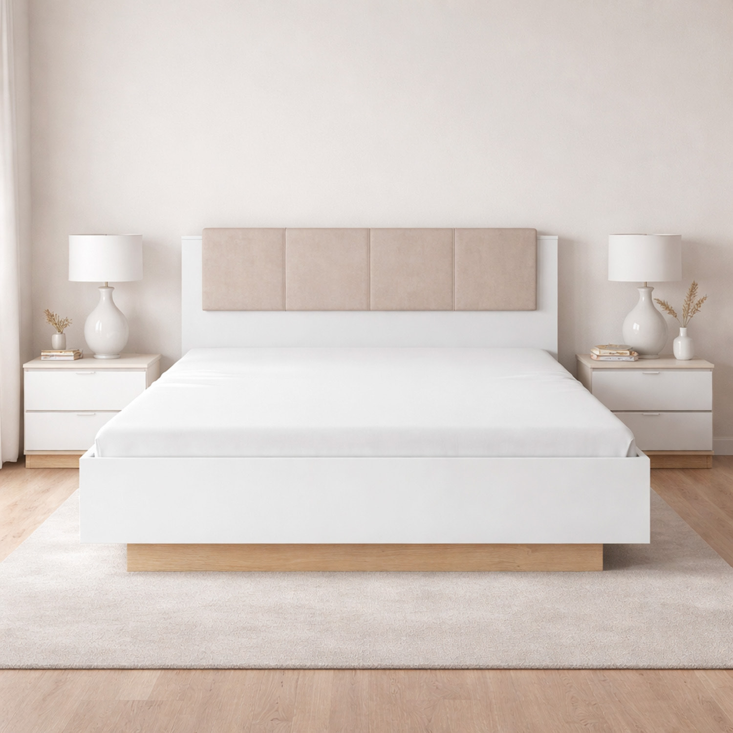 Testiera Imbottita Con Contenitore Letto Matrimoniale Mobile Camera Da Letto Struttura Moderna Zona Notte 165 x 104.5 x 210 Cm Bianco E Rovere