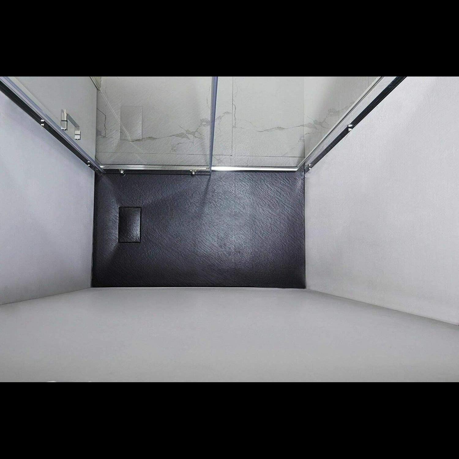 Piatto Doccia Spessore 2.6 Cm Resina SMC Effetto Pietra Stone Ardesia Antiscivolo Riducibile Filopavimento Con Griglia Di Copertura Nero 100x100 Cm