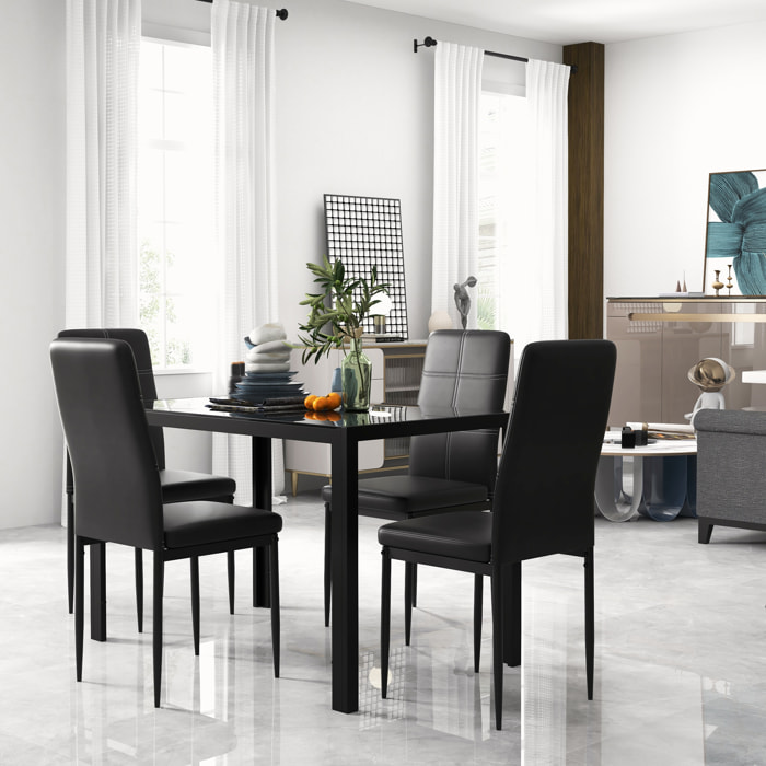 Conjunto de Comedor de Mesa y 4 Sillas 5 Piezas Juego de Muebles de Cocina Mesa Rectangular de Vidrio Templado y Sillas Tapizadas en PU con Patas de Metal Negro