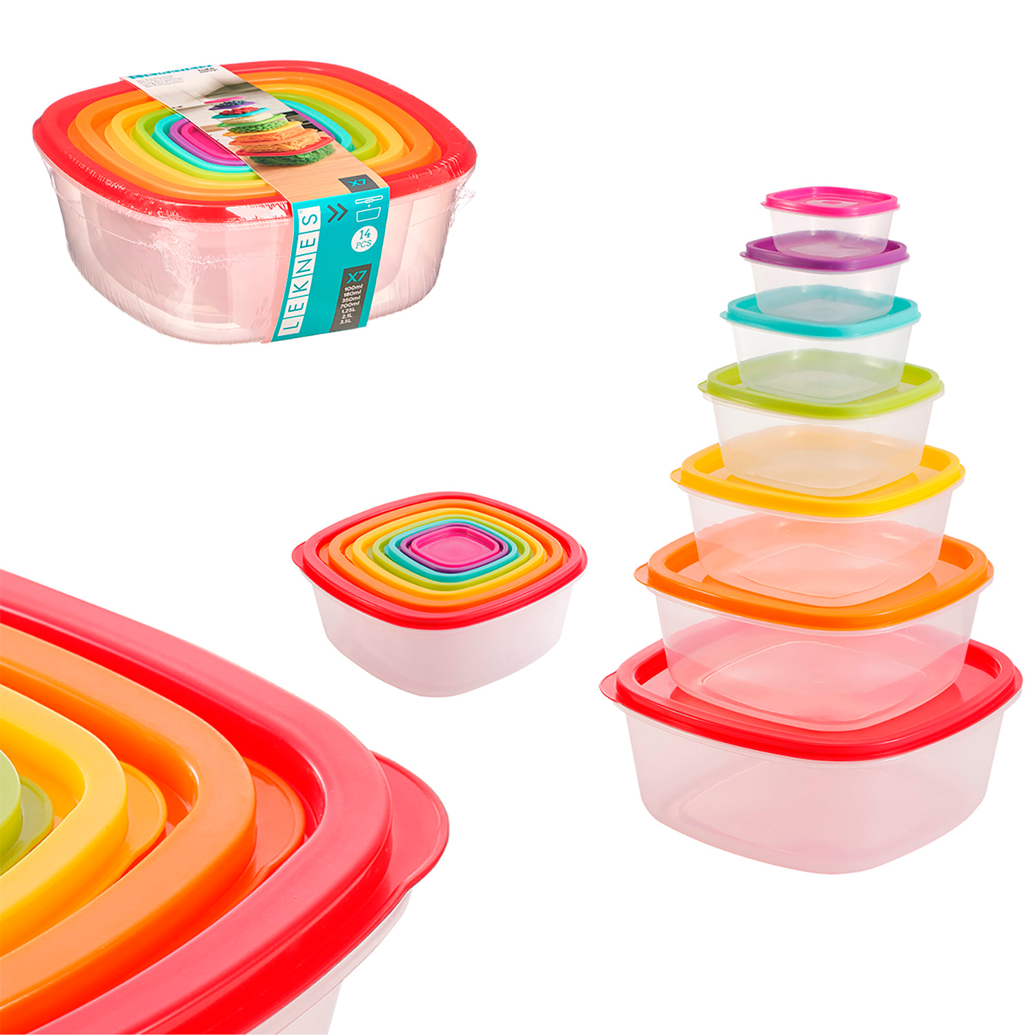 Set de 7 fiambreras de plástico cuadradas con diseño multicolor.