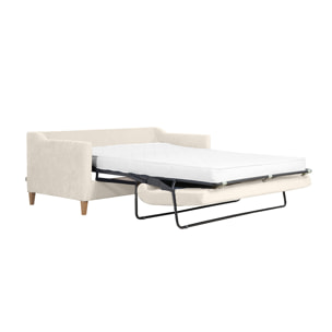 Canapé convertible scandinave 3 places en tissu effet velours beige et bois clair LOUISE