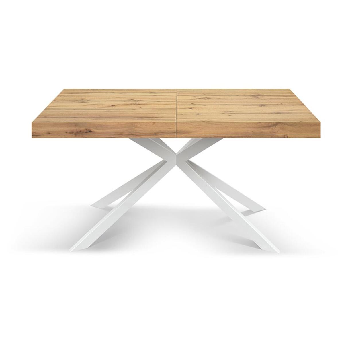 Tavolo CAMAIORE in legno, finitura rovere rustico e base a X in metallo bianco, allungabile 180×90 cm – 260×90 cm