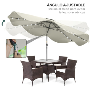 Sombrilla de Jardín Ø292x254 cm Parasol de Terraza Manual con 32 Luces LED Solares 8 Varillas Ángulo Ajustable Impermeable y Rejillas de Ventilación para Patio Balcón Crema