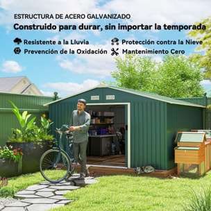 Caseta de Jardín Exterior, 12,4 m² 340x386x200 cm, Cobertizo de Jardín Exterior Metálico con Puerta Corredera, Base Refuerzo (Suelo NO Incluido) y Ventanas Verde