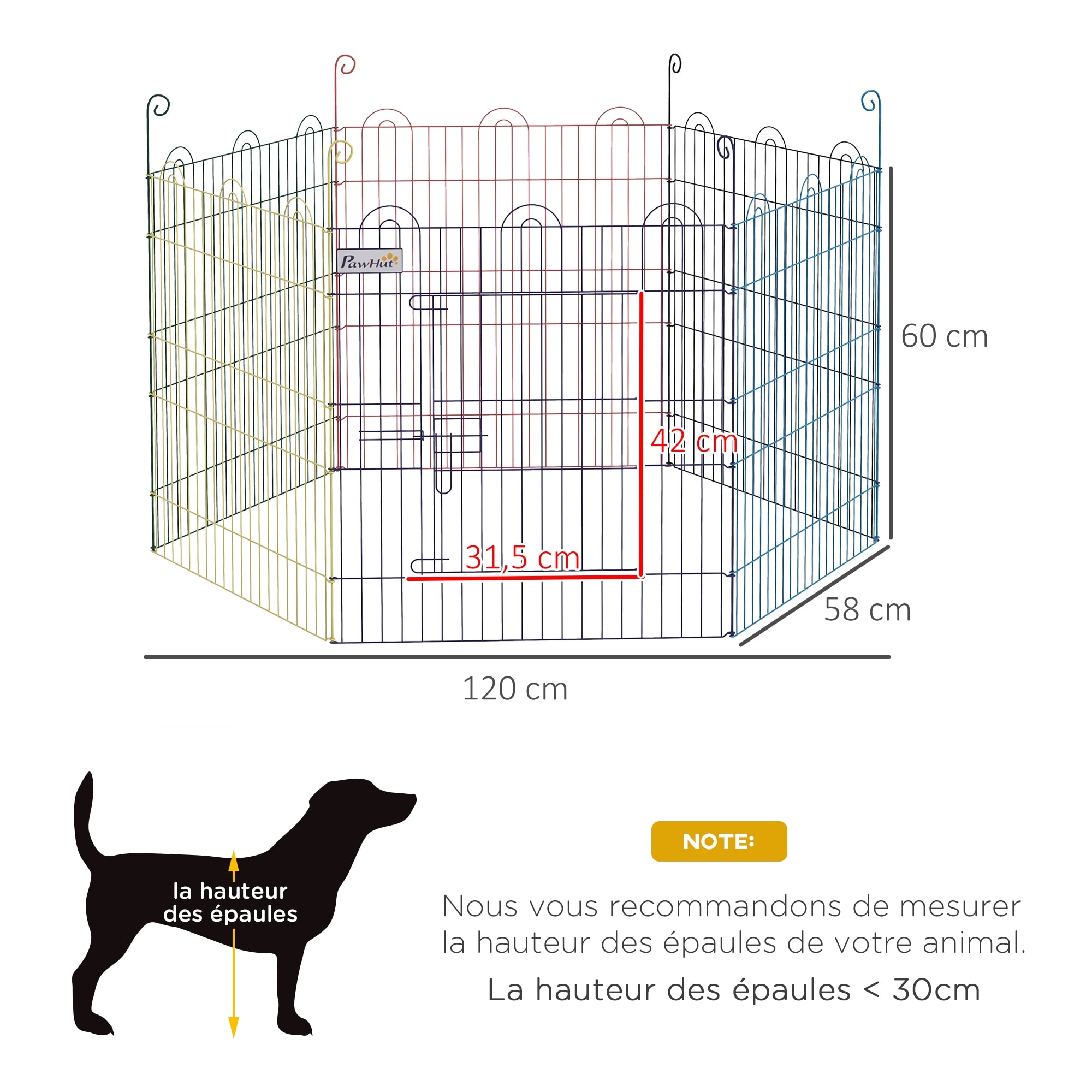 Parc enclos modulable pour chien animaux porte verrouillable 6 panneaux dim. panneau 59L x 60H cm métal multicolore