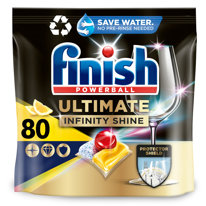 Finish Powerball Ultimate Infinity Shine, pastillas para el lavavajillas con protección de la vajilla, Limón, 80 pastillas