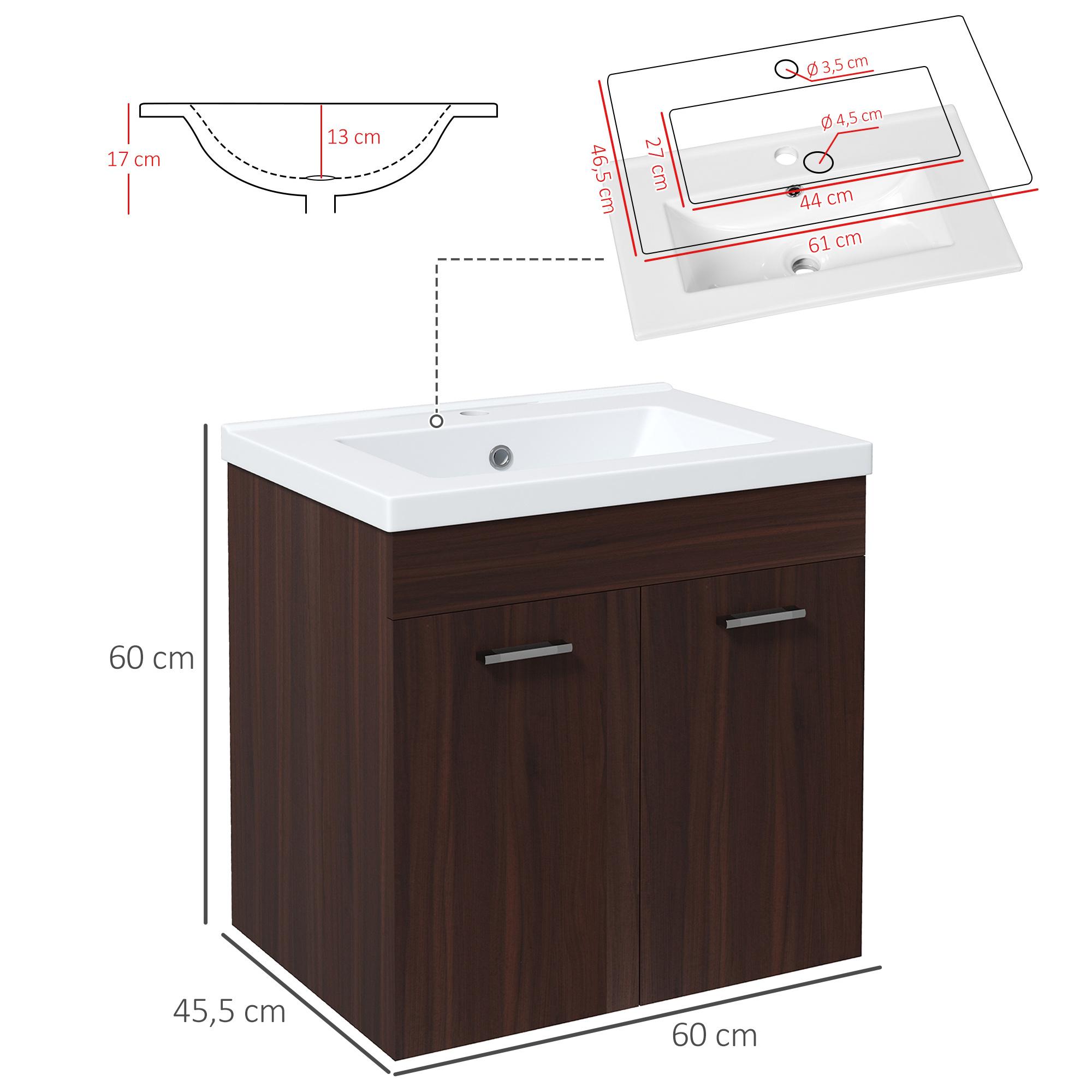 Mueble de Baño con Lavabo Cerámico Armario Bajo de Lavabo de Pared con 2 Puertas y Estante Ajustable Acabado Melamina 60x45,5x60 cm Marrón