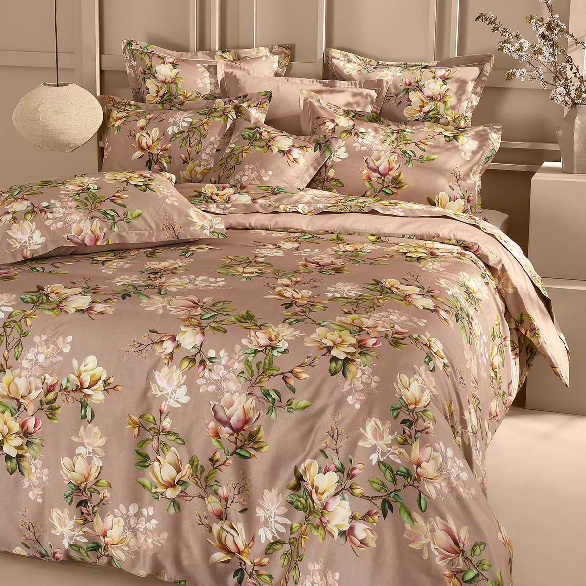 Housse de couette satin de coton imprimé rose Magnolias rose fume