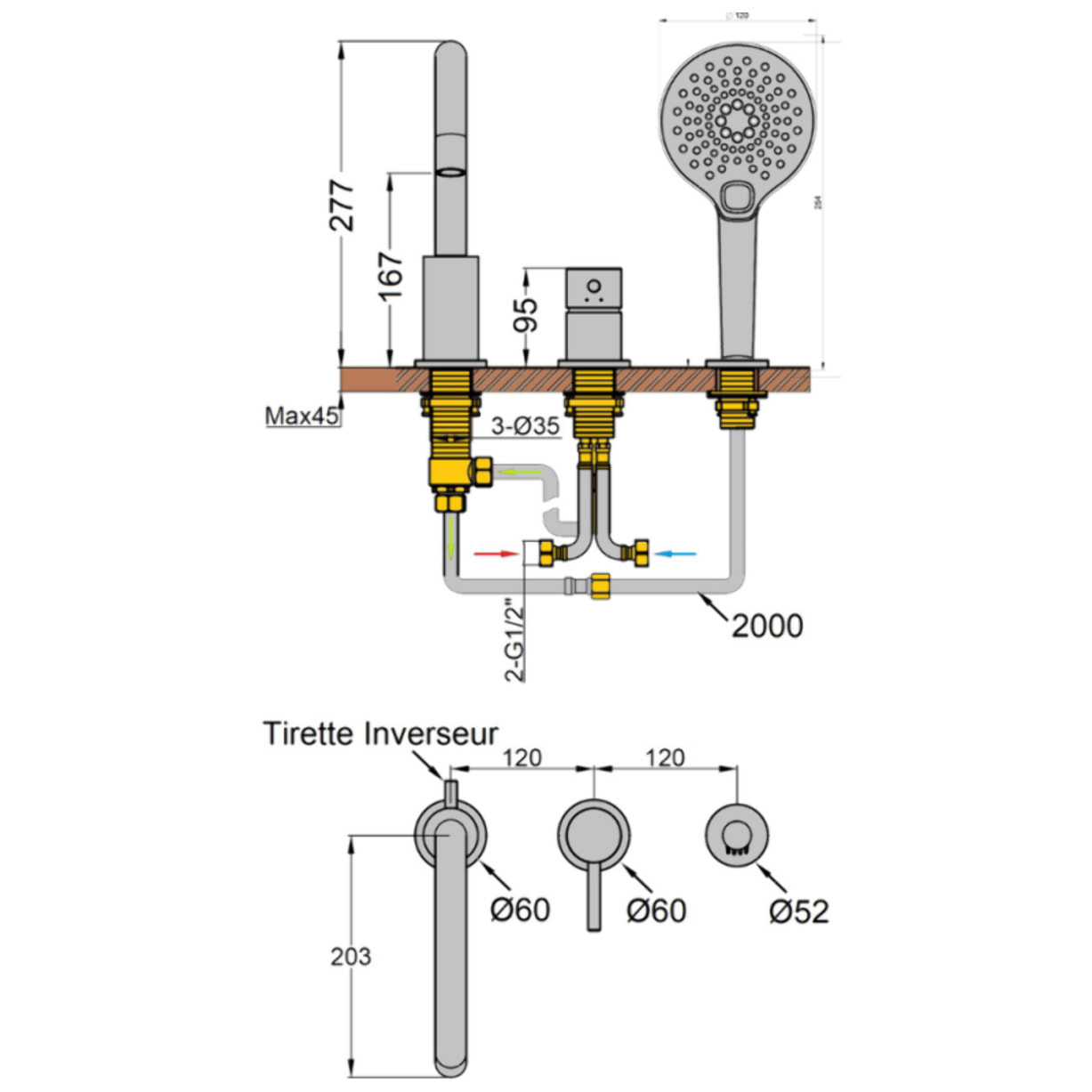 Mitigeur bain douche mécanique 3 trous + douchette 3 jets PAINI Cox noir mat