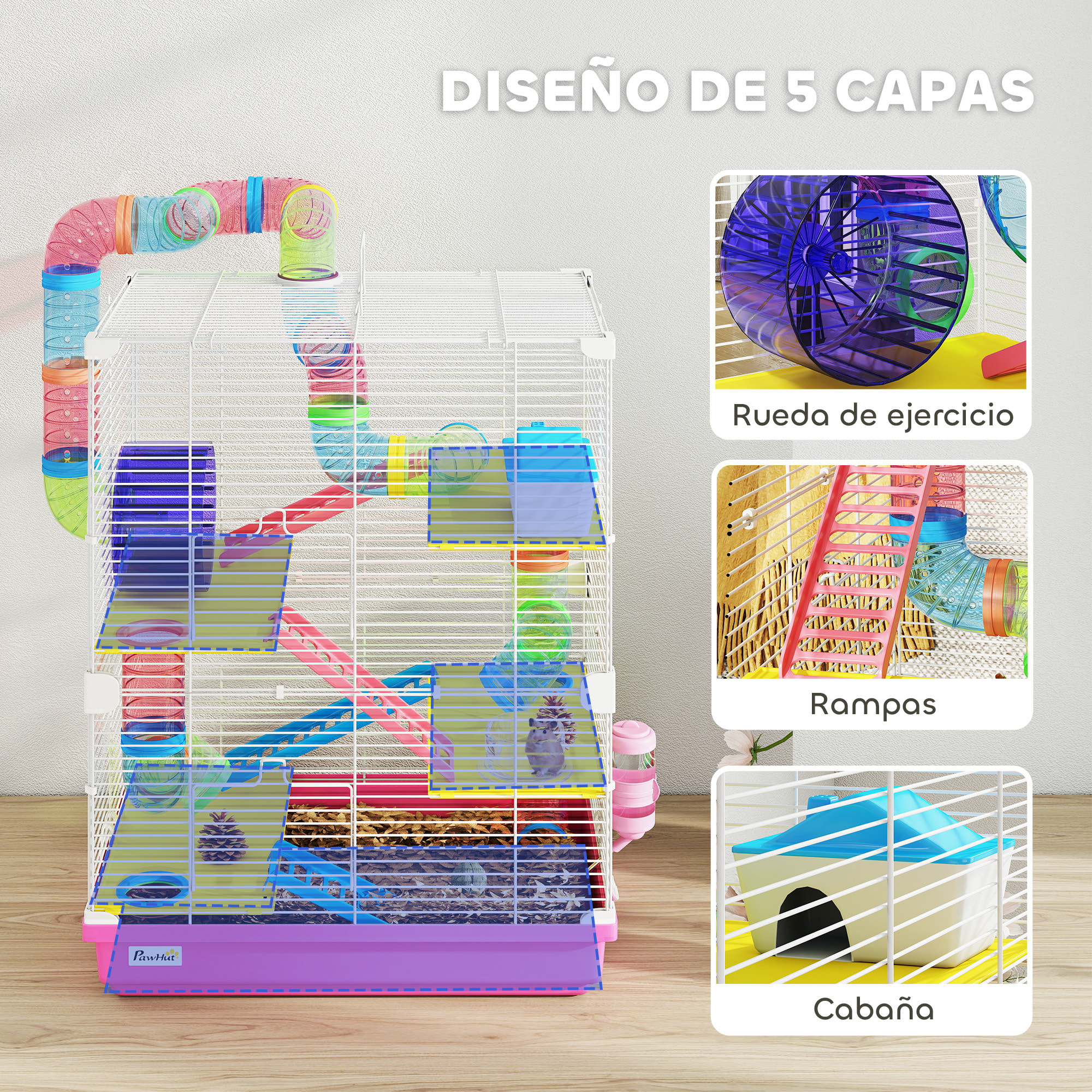 Jaula para Hámster de 5 Niveles, Casa para Roedores Pequeños con Túnel, Plataformas, Cuenco, Bebedero, Casita, Rampas y Rueda de Ejercicio, para Jerbos, 46x30x58cm Rosa