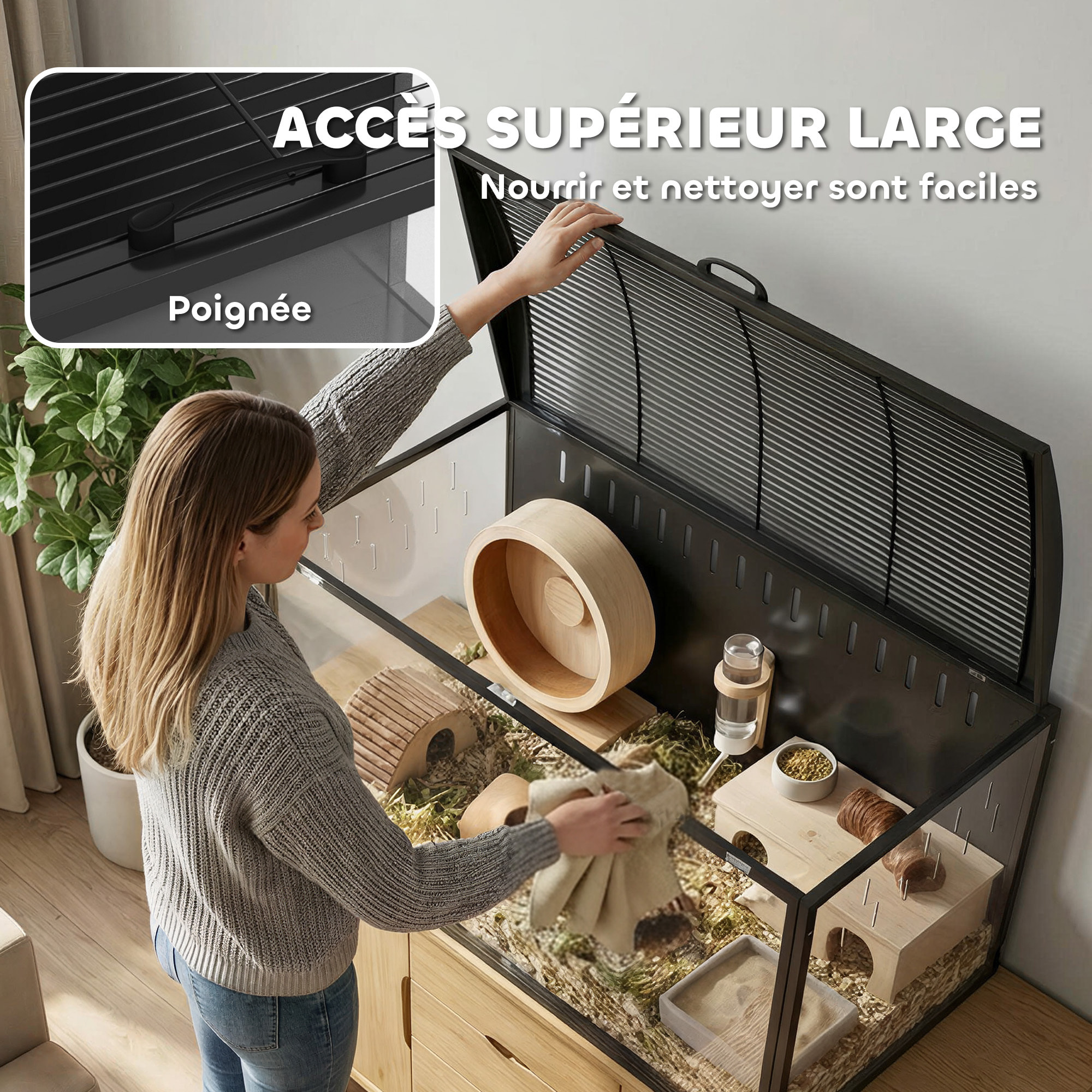 Cage hamster rongeur acier noir acrylique transparent toit ouvrant 105x51x53cm