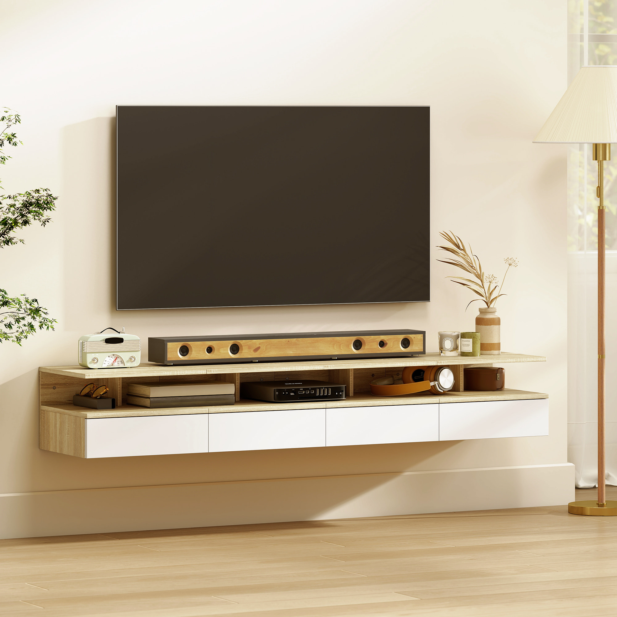 Juego de 2 Mesitas de Noche Flotantes con Cajón, Mesillas de Noche Dormitorio, Montado en la Pared, Estilo Moderno, para Sala de Estar, 35x32x22,5 cm, Roble y Blanco