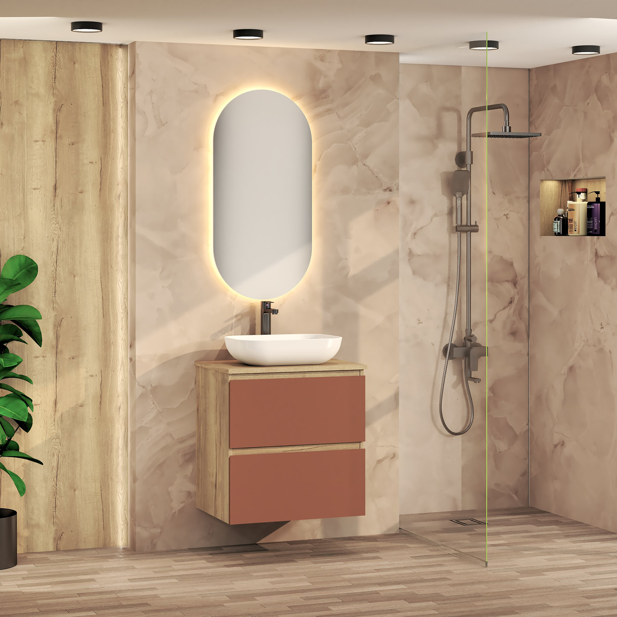 CONJUNTO DE BAÑO NIA | MUEBLE SUSPENDIDO | 60 CM SCARLATO | DOS CAJONES | LAVABO SOBREPUESTO | NO INCLUYE ESPEJO | MUEBLE MONTADO| ALDAY