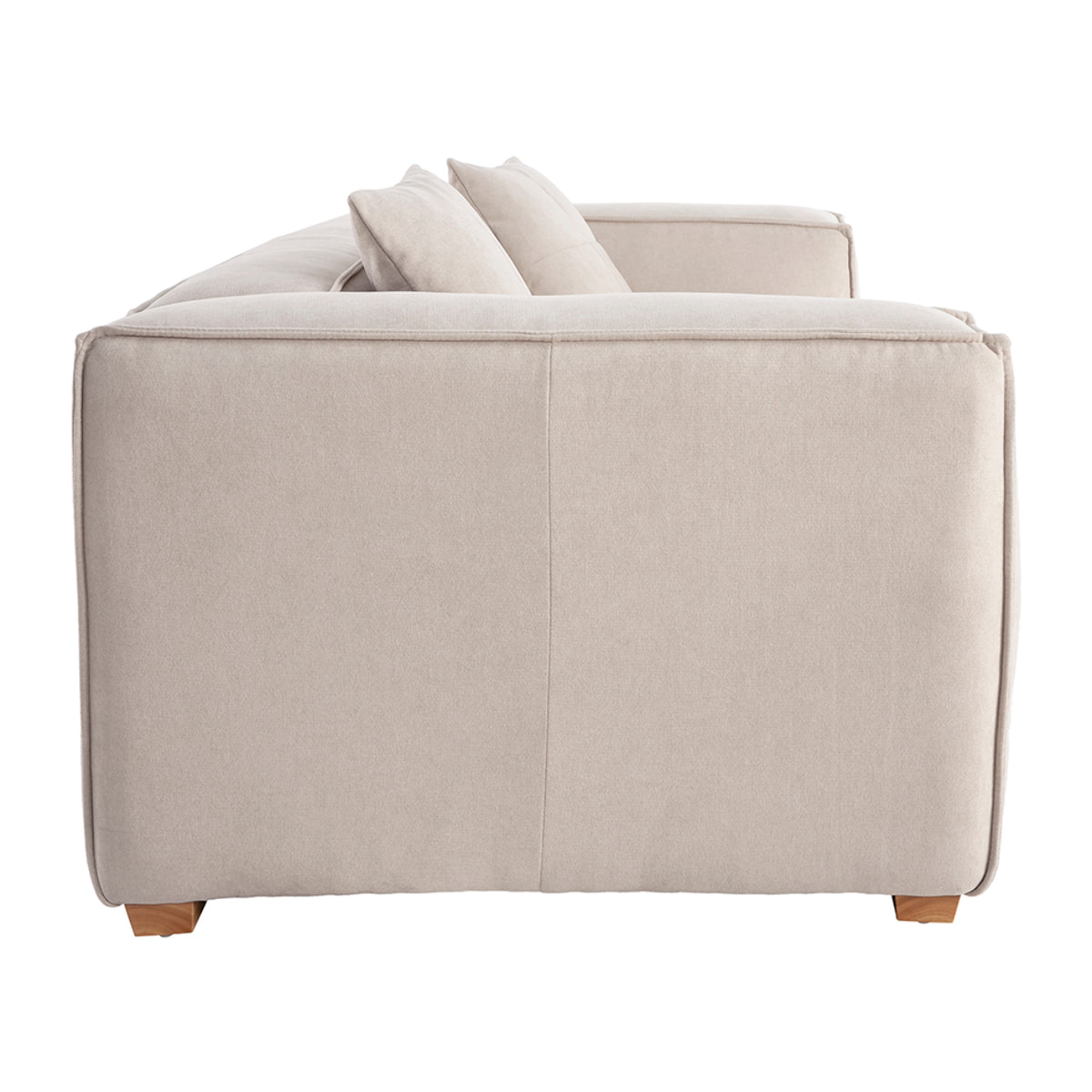 Canapé design 3 places en tissu effet velours beige naturel et bois clair COBAIN