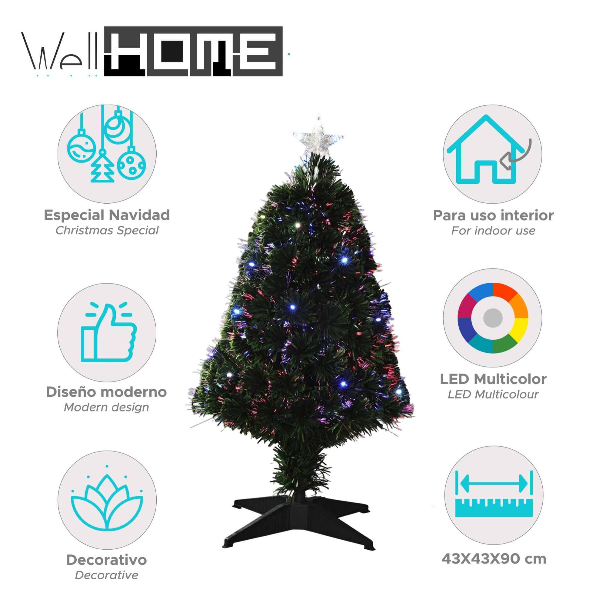 Árbol de navidad de fibra óptica con 20 luces led multicolor con estrella 43x43x90cm