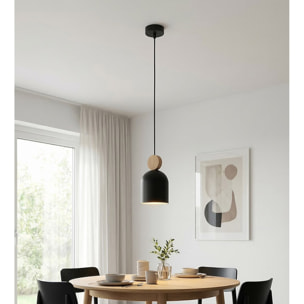Lampada a sospensione Mesi in acciaio nero opaco e legno