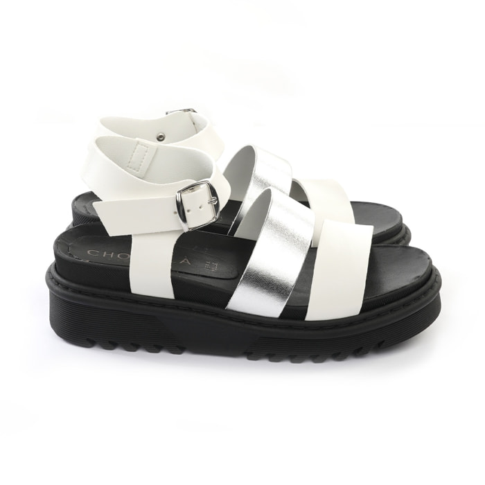 SANDALO FLATFORM TRE FASCE CHOCOLA' BIANCO E ARGENTO