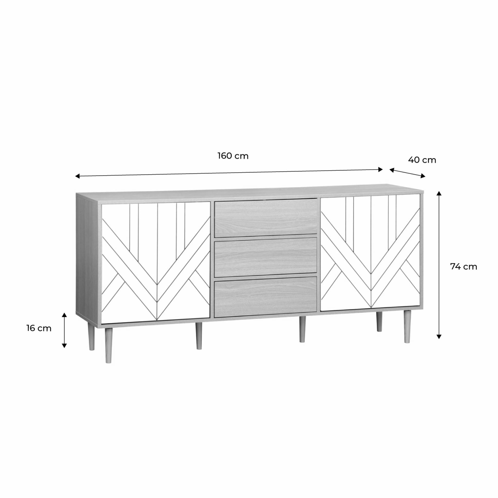 Buffet de rangement décor bois et blanc - Mika - 2 niveaux. 2 portes. 3 tiroirs. buffet bas. L 160 x l 40 x H 74cm