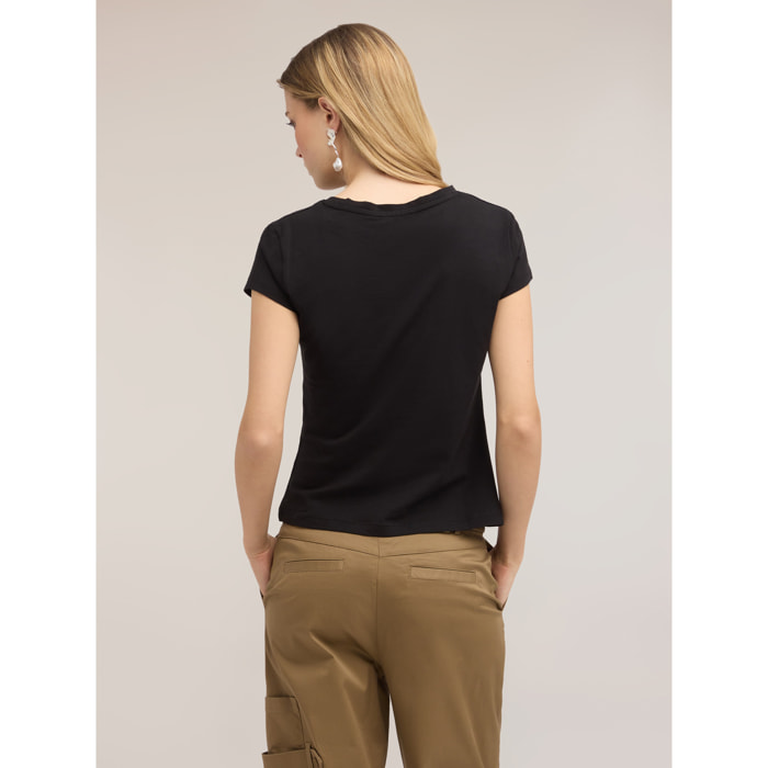 Motivi - T-shirt con drappeggio laterale asimmetrico - Nero