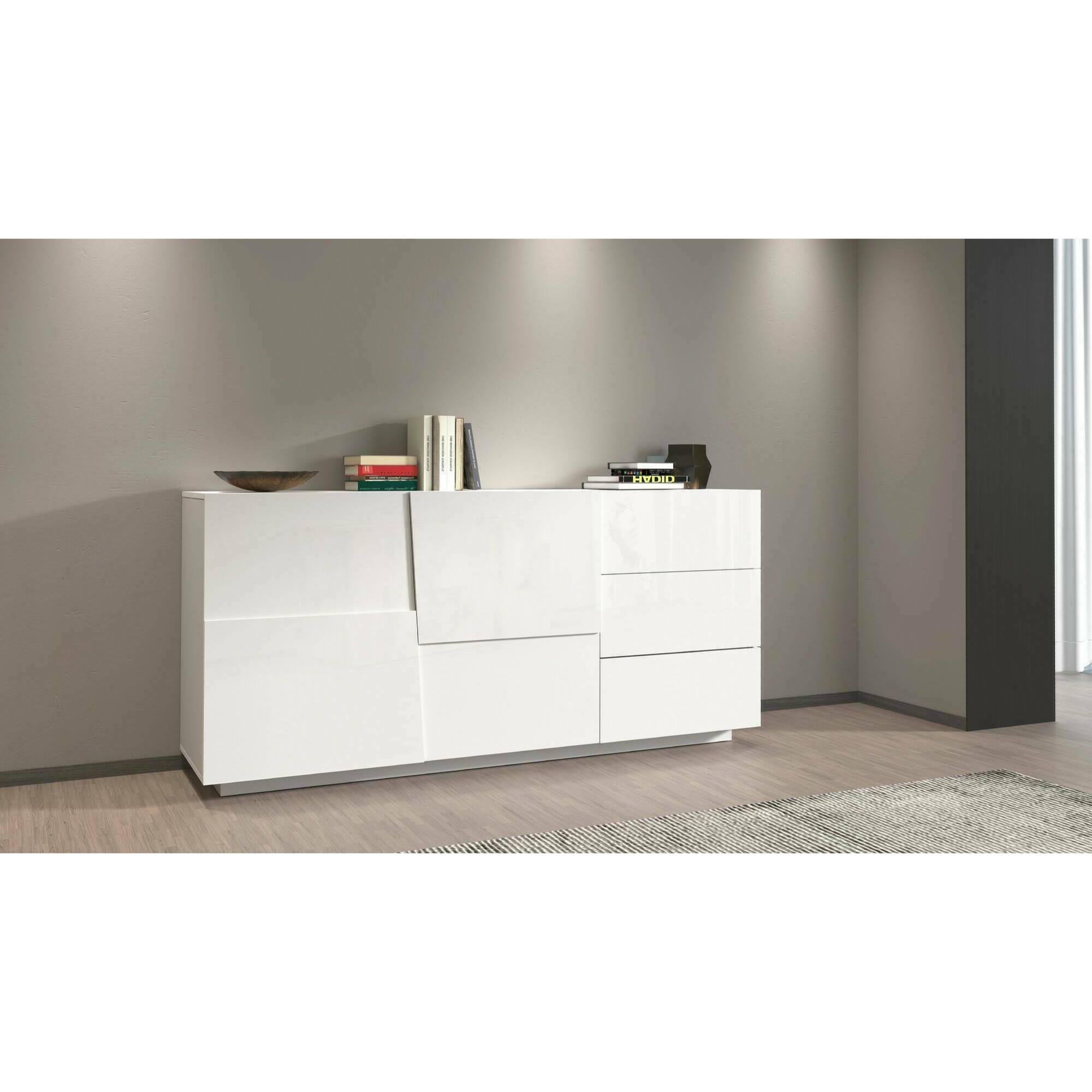 Credenza Ddalessi, Buffet da soggiorno, Madia da salotto con 2 ante e 3 cassetti, 180x44h86 cm, Bianco lucido