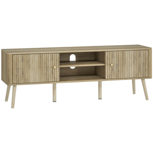 Meuble TV design effet cannelé naturel 2 portes 2 niches bois de pin effet bois clair
