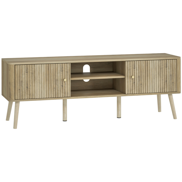 Meuble TV design effet cannelé naturel 2 portes 2 niches bois de pin effet bois clair