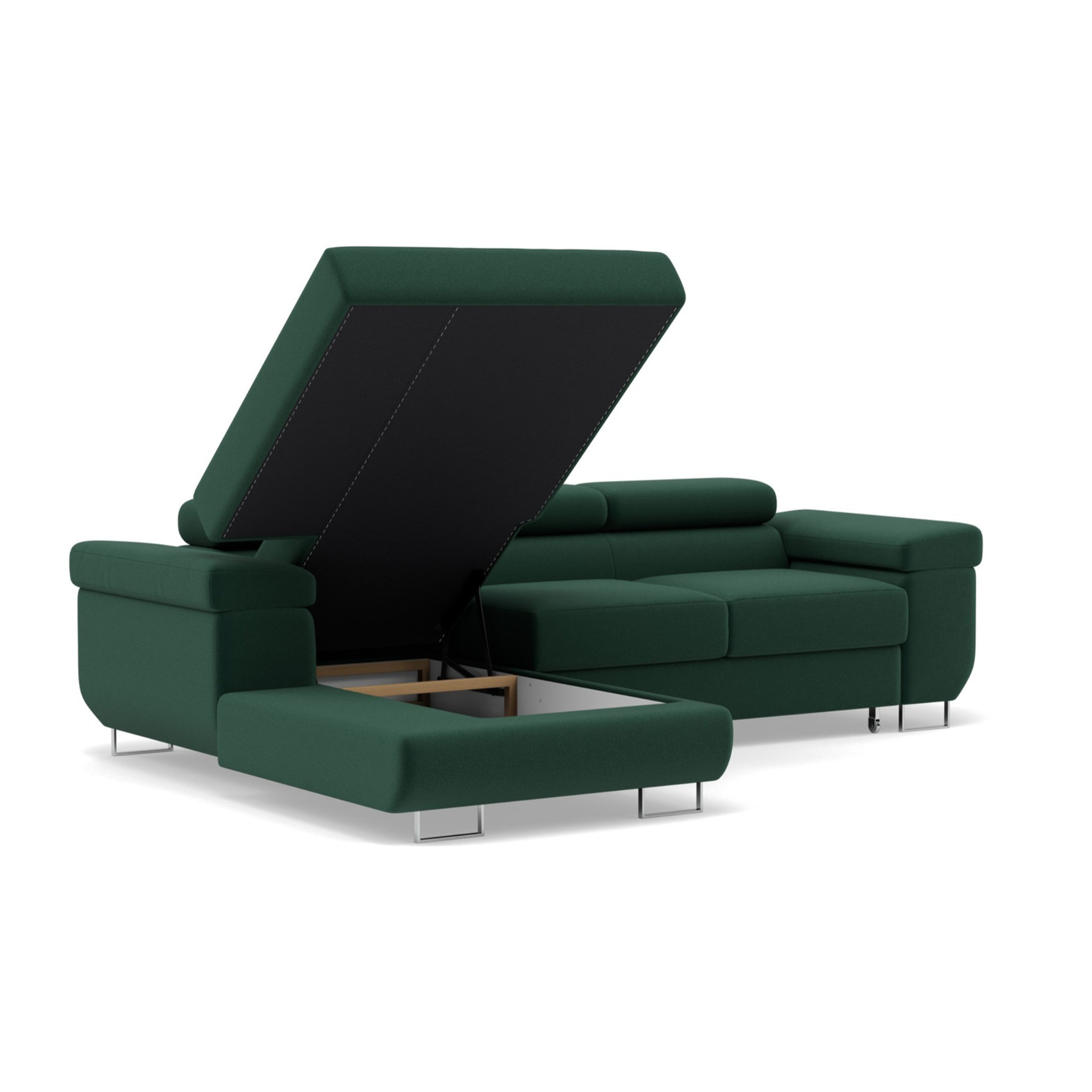 Pablo - canapé d'angle gauche - 6 places - convertible avec coffre et têtières réglables - en velours - Vert