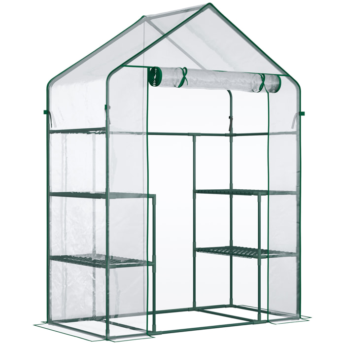 Serre de jardin 6 étagères - dim. 142L x 73l x 195H cm - porte - acier thermolaqué PVC haute densité anti-UV - transparent vert