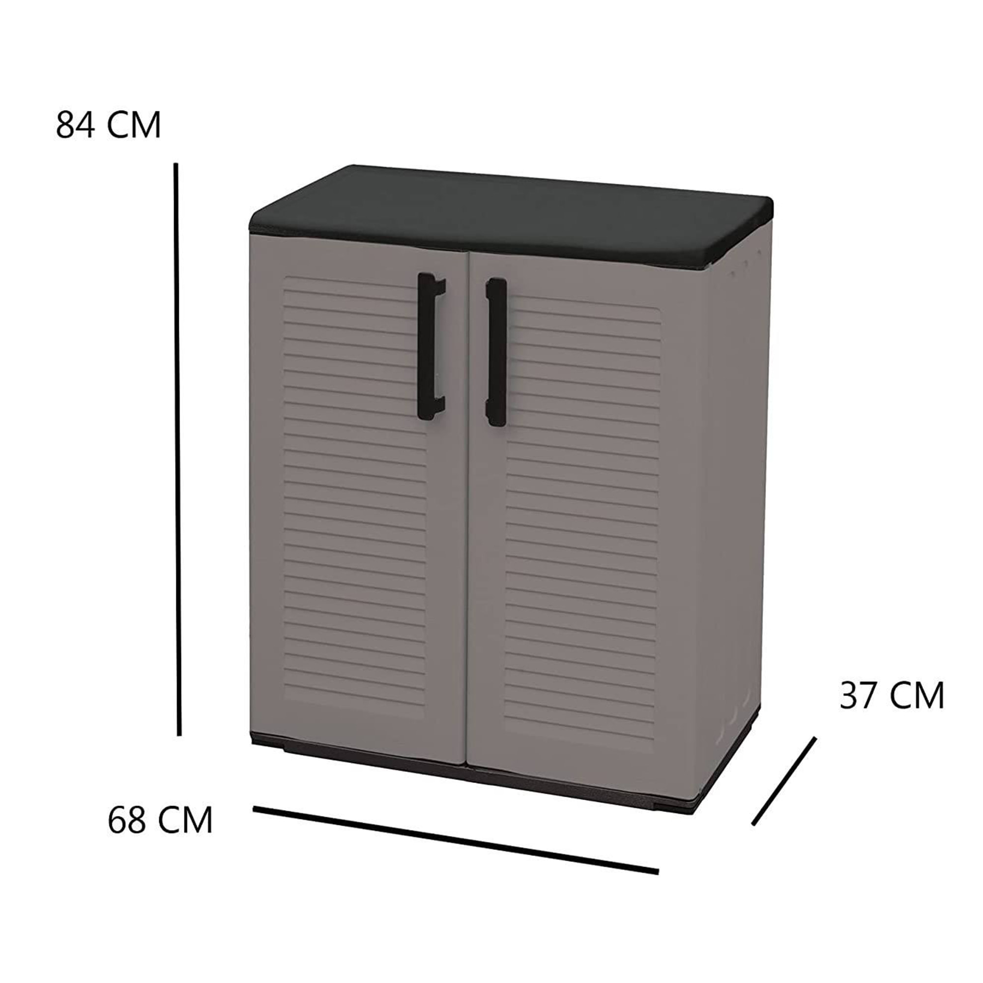 Mobiletto multiuso da esterno o interno, Armadio basso a 2 ante e 3 ripiani in polipropilene, 100% Made in Italy, cm 68x37h84, colore Grigio