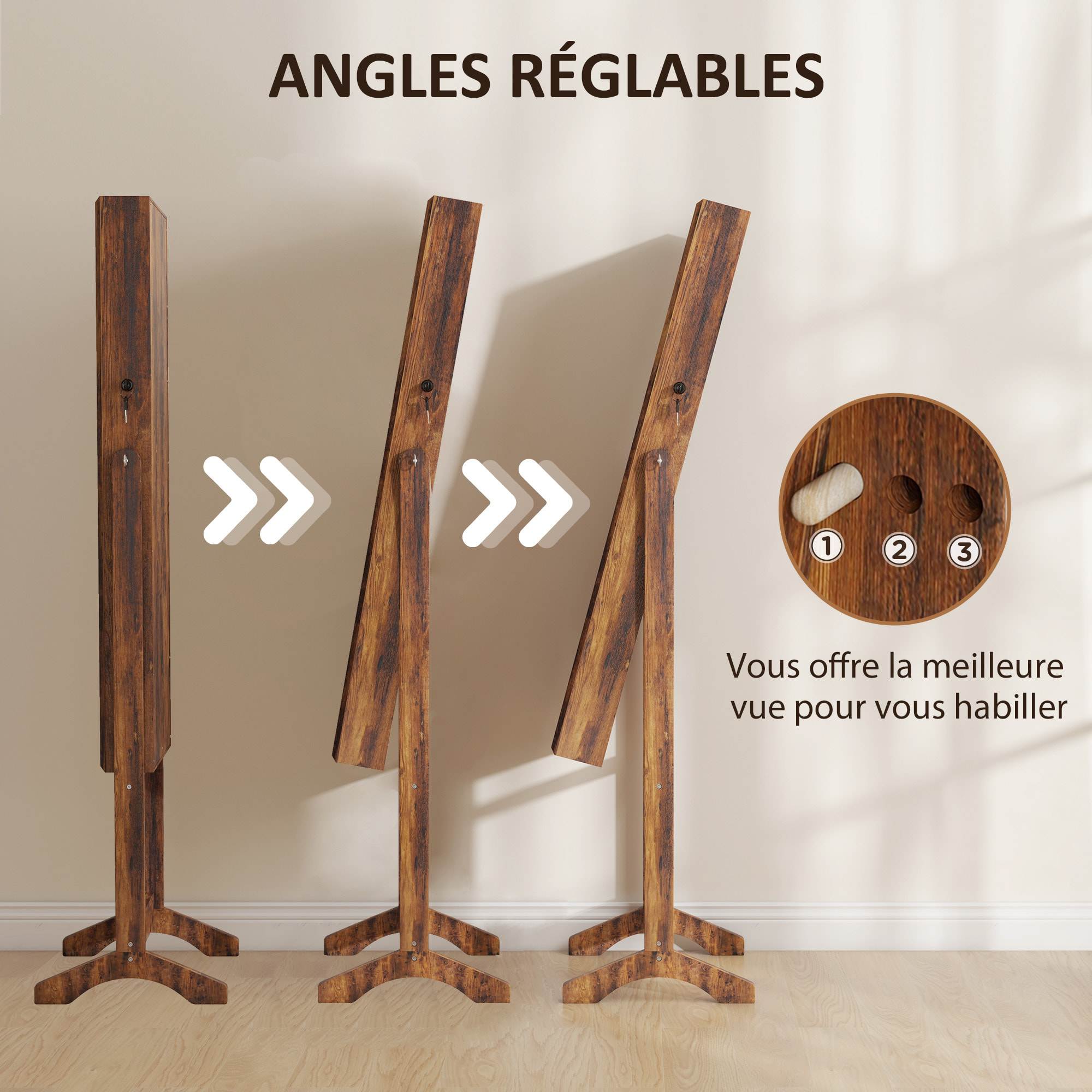 Armoire à bijoux sur pied multi-rangement avec miroir LED MDF effet bois vieilli