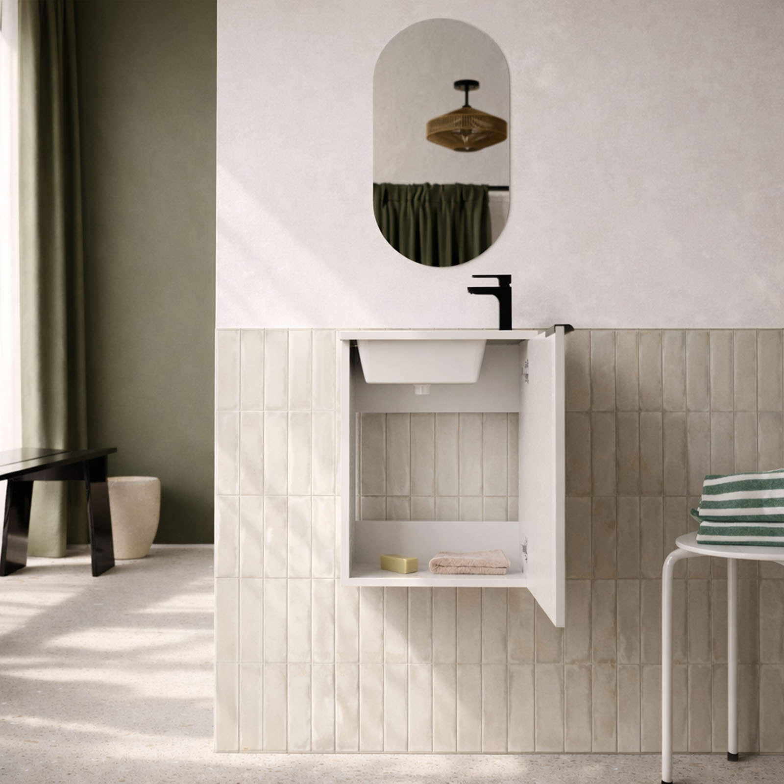 Ensemble meuble lave mains MDF ondulé blanc 40x50x22cm et miroir ovale - MILO