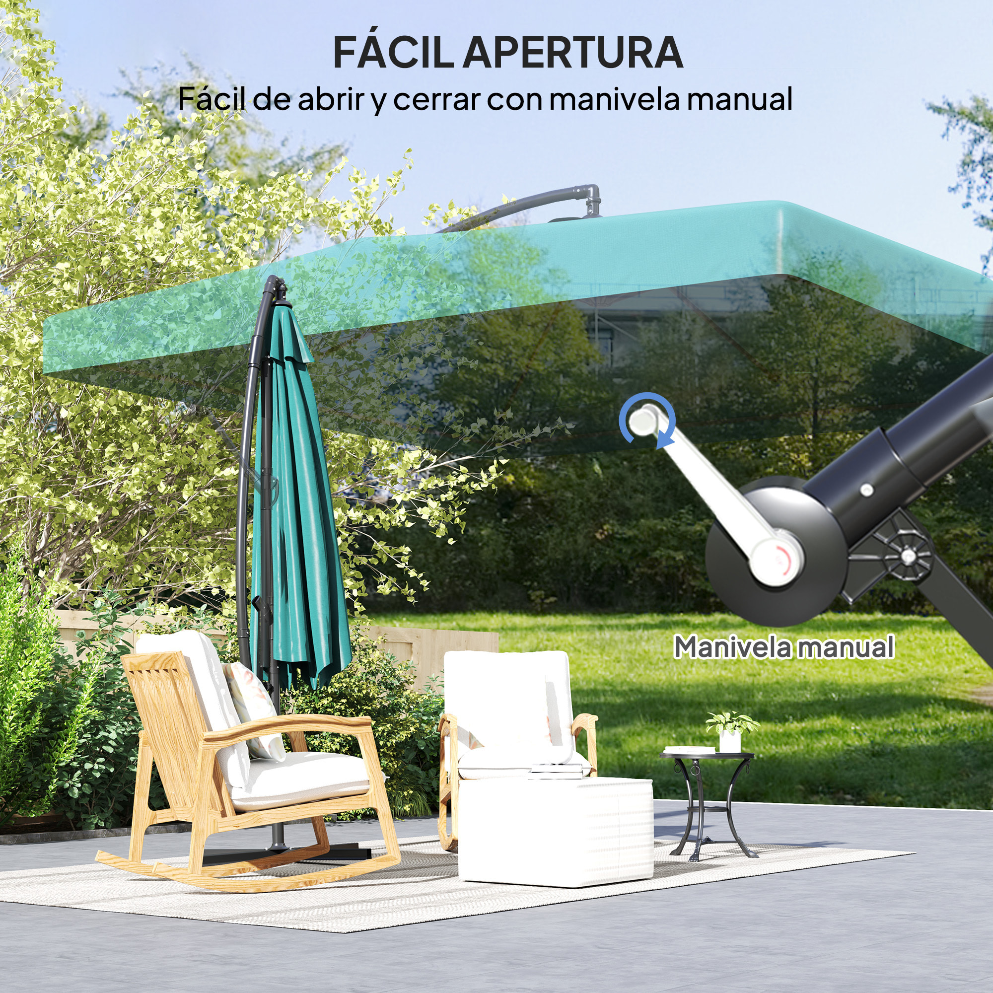 Parasol Excéntrico Ø 295 cm Sombrilla de Jardín con Ángulo Ajustable Mosquiteras Base Cruzada y Manivela para Terraza Patio Exterior Verde Oscuro