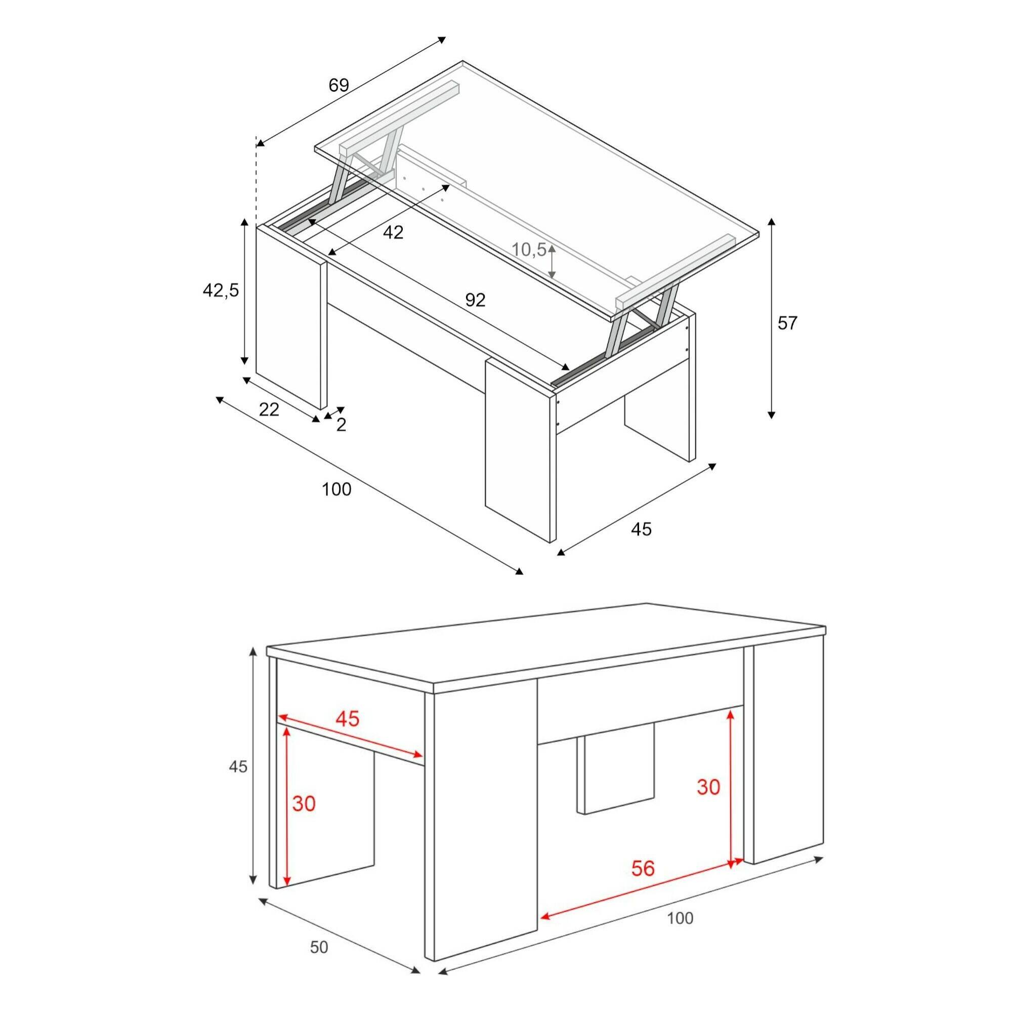 Tavolino da salotto Oceanside, Tavolino da caffè con piano elevabile, Tavolo basso da soggiorno, cm 100x50h45/56, Bianco e Rovere