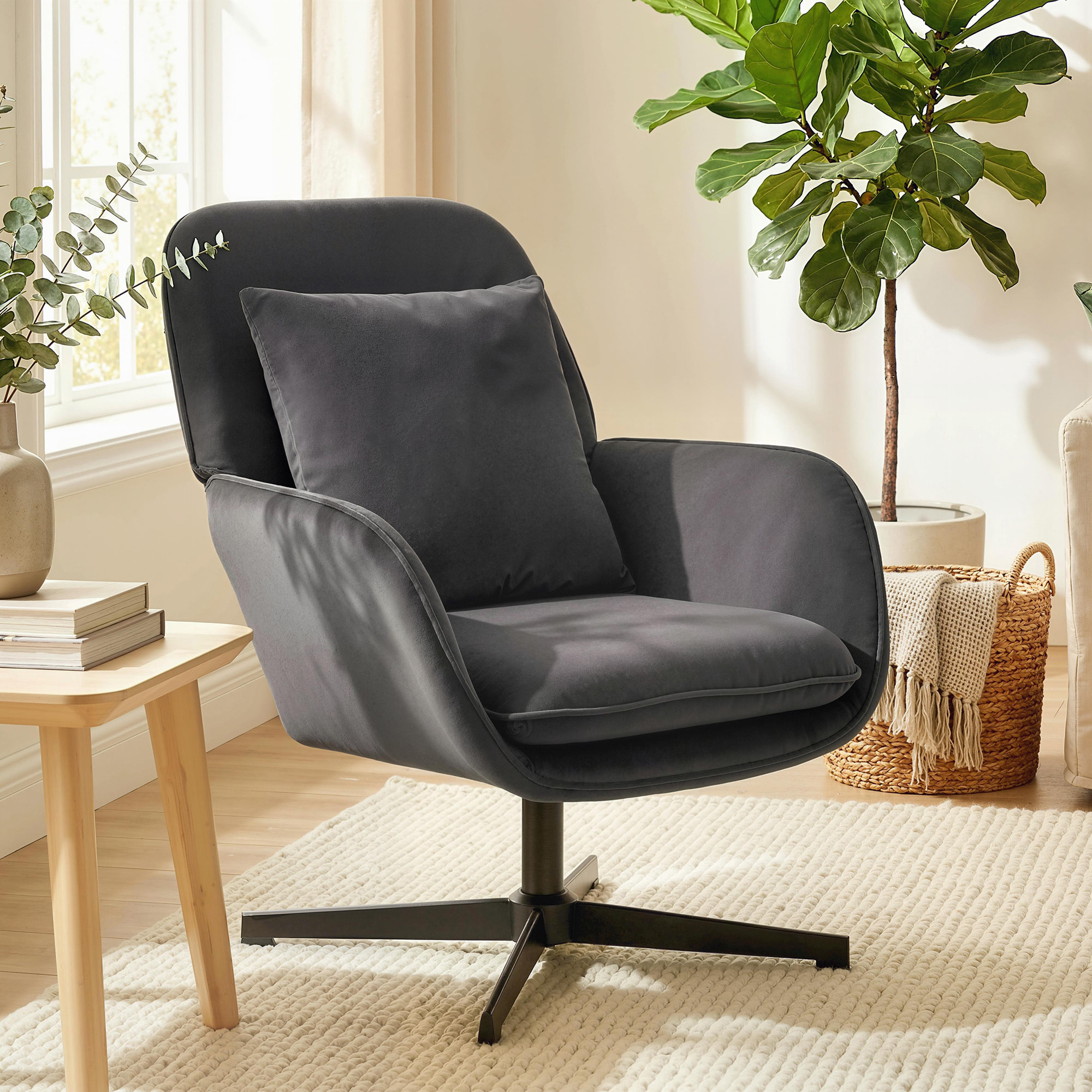 Fauteuil lounge design pivotant acier noir velours anthracite