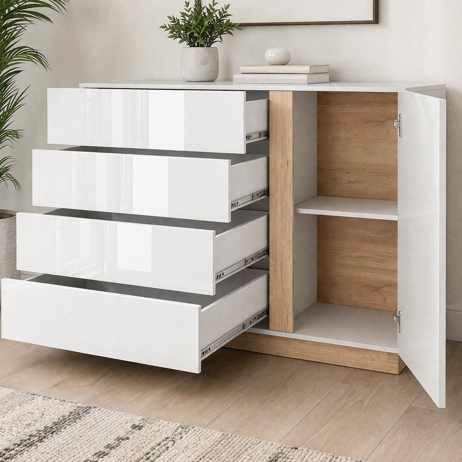 Mobile Comò Cassettiera Anta Design Moderno Ripiano Per Abiti Biancheria Camera Da Letto Cameretta Salvaspazio 138.2 x 90.5 x 40 Cm Bianco E Rovere