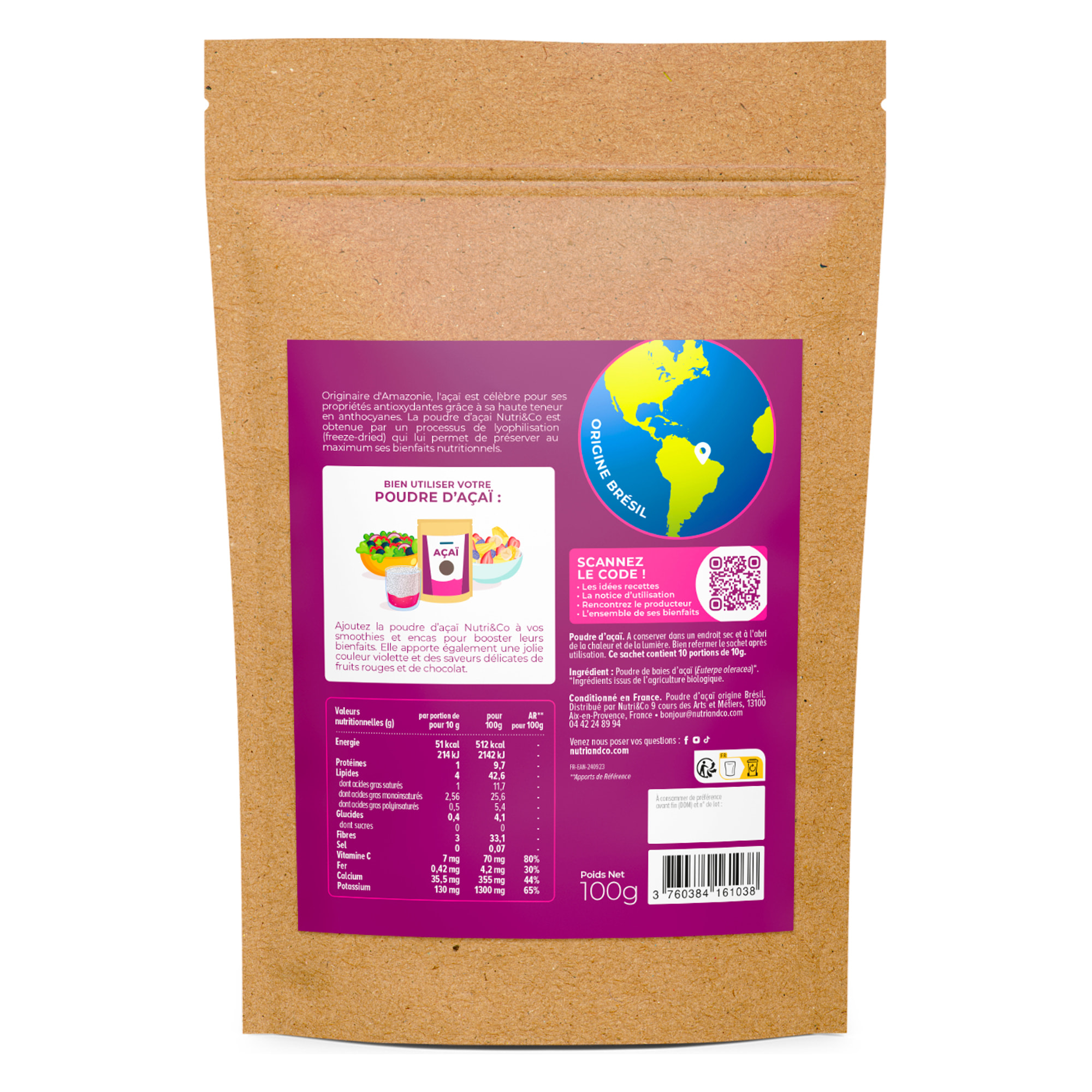 Nutri&Co Poudre d'Acaï - Fer & Vitamine C - 100g Vegan