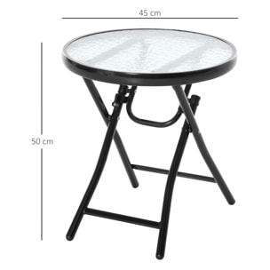 Mesa de Vidrio Redonda Plegable Mesa de Jardín con Hebilla de Seguridad Borde Cubierto de Metal Patio Interior y Exterior Ø45x50 cm Negro