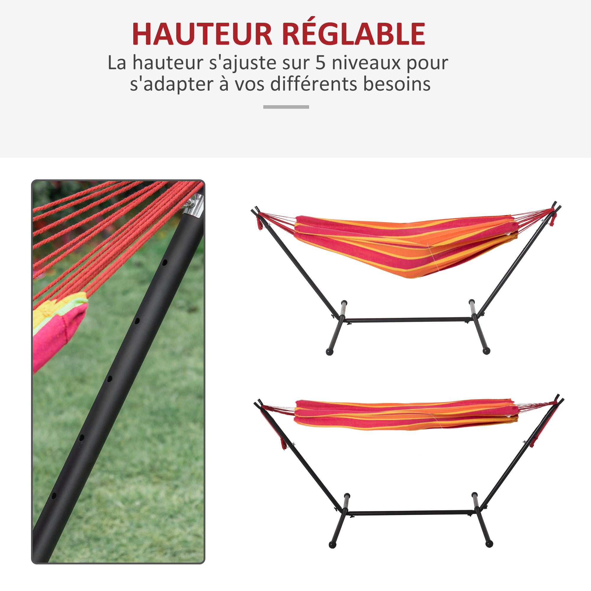 Hamac de jardin avec support en métal époxy hamac sur pied 1 place charge max. 120 Kg sac transport rouge