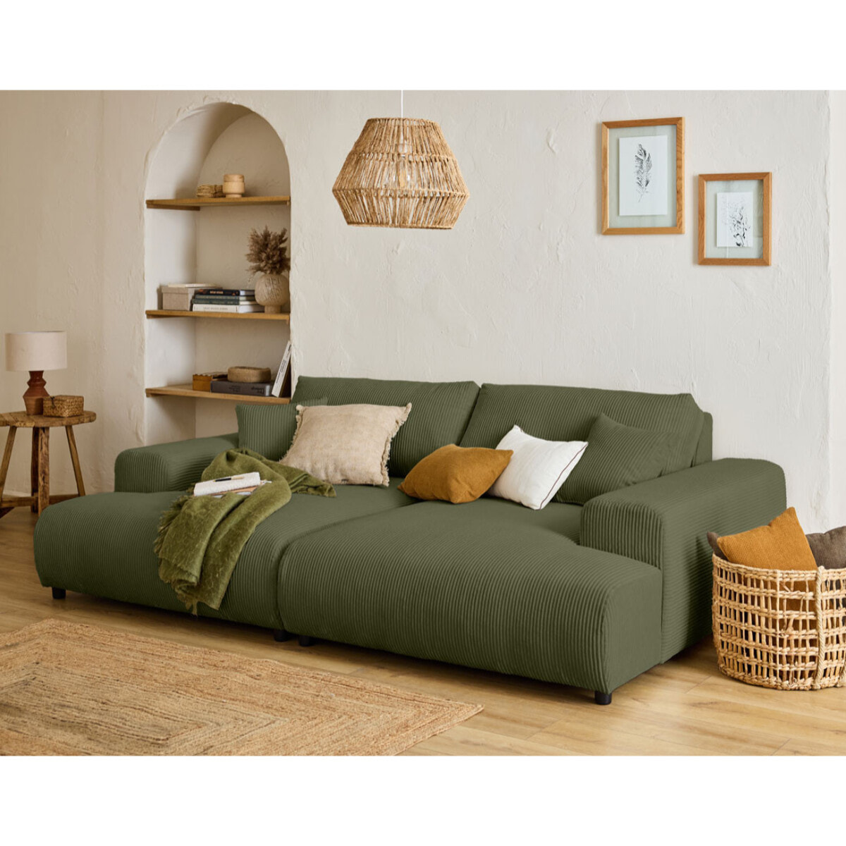 Garance - canapé droit 4 places double méridienne - assise profonde - en velours côtelé - Vert
