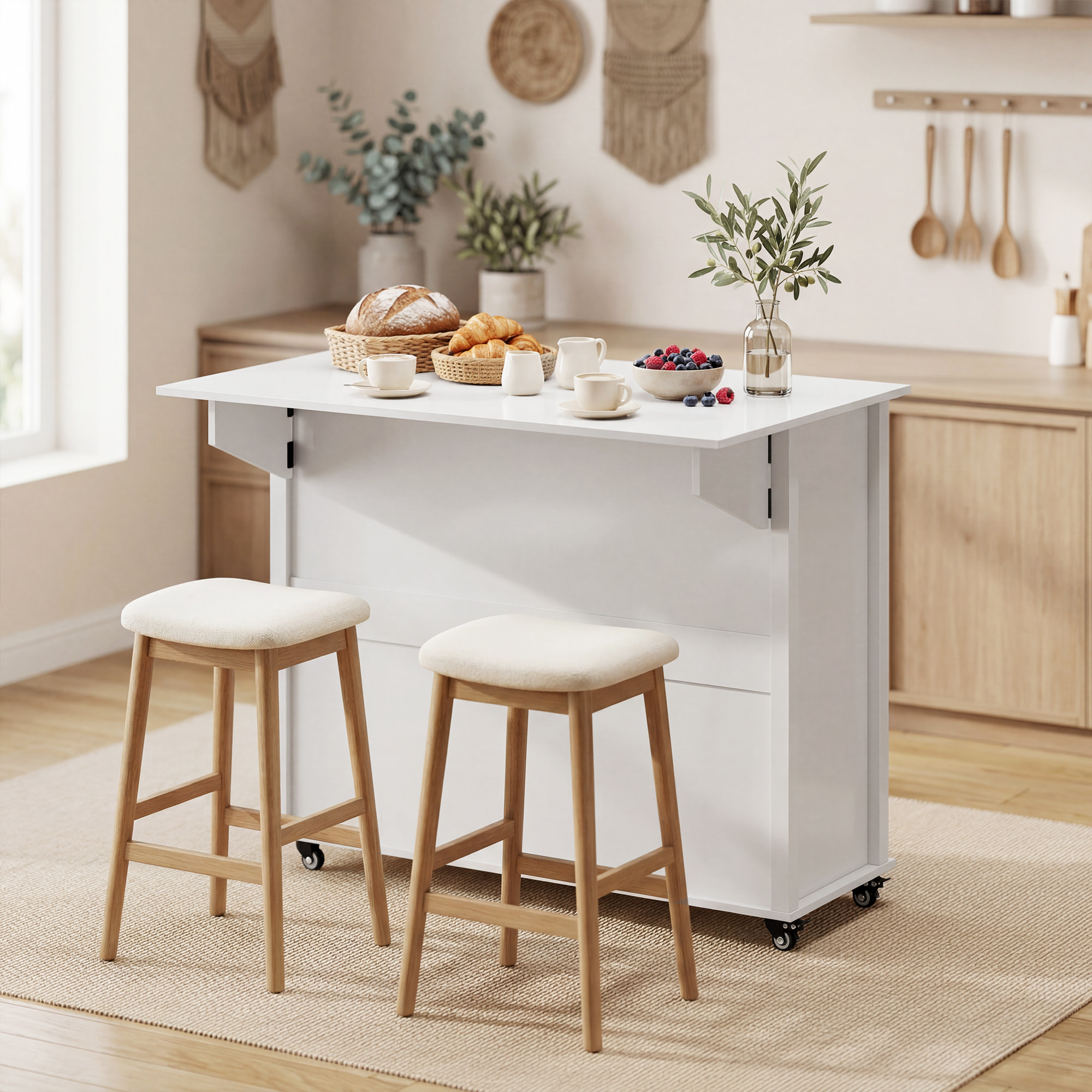 Isla de Cocina con Tablero Plegable y Ruedas, Mueble Auxiliar de Cocina con Especiero, Toallero, Armario, 2 Cajones, Estantes Abiertos, 117,5x70x91 cm, Blanco