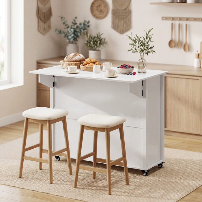 Isla de Cocina con Tablero Plegable y Ruedas, Mueble Auxiliar de Cocina con Especiero, Toallero, Armario, 2 Cajones, Estantes Abiertos, 117,5x70x91 cm, Blanco