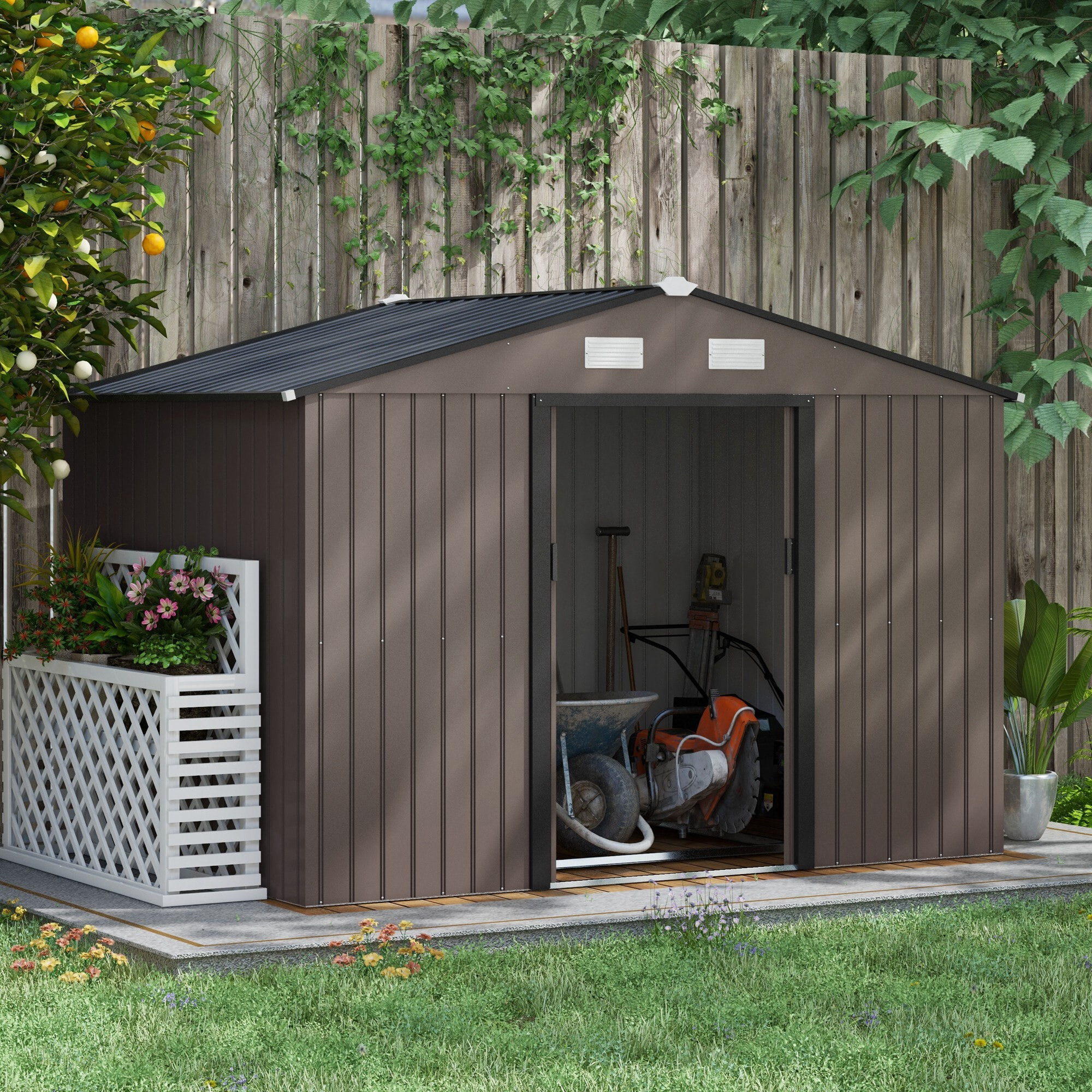 Caseta de Jardín Exterior 4,9 m² 277x195x192 cm Efecto Madera Cobertizo de Jardín Exterior con Puerta Corredera Techo Inclinado Base Refuerzo (Suelo NO Incluido) y 4 Ventanas Marrón