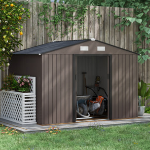 Caseta de Jardín Exterior 4,9 m² 277x195x192 cm Efecto Madera Cobertizo de Jardín Exterior con Puerta Corredera Techo Inclinado Base Refuerzo (Suelo NO Incluido) y 4 Ventanas Marrón