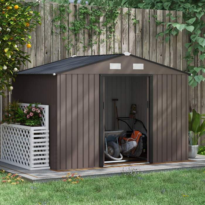 Caseta de Jardín Exterior 4,9 m² 277x195x192 cm Efecto Madera Cobertizo de Jardín Exterior con Puerta Corredera Techo Inclinado Base Refuerzo (Suelo NO Incluido) y 4 Ventanas Marrón