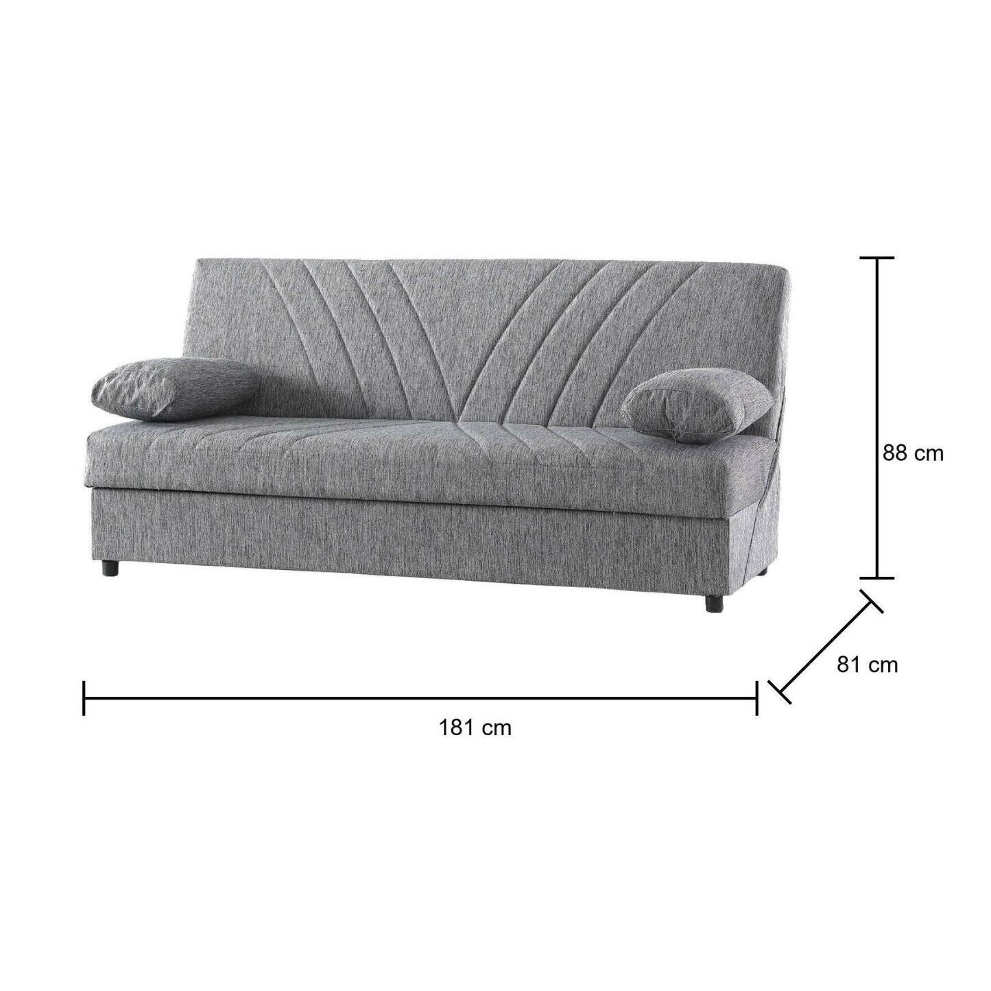 Divano letto Ramon, Divano letto contenitore a 3 posti con 2 cuscini inclusi, Sofà da soggiorno in tessuto imbottito con apertura click-clack, Cm 181x81h88, Grigio