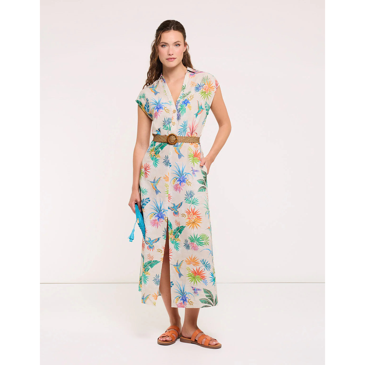 Vestido Largo Colibríes con Cinturón - Tropica