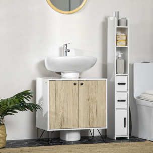 Mueble para Debajo del Lavabo de Madera Armario Bajo Lavabo Armario de Baño de Suelo con 2 Puertas Estante y Patas de Acero 60x30x60 cm Roble y Blanco