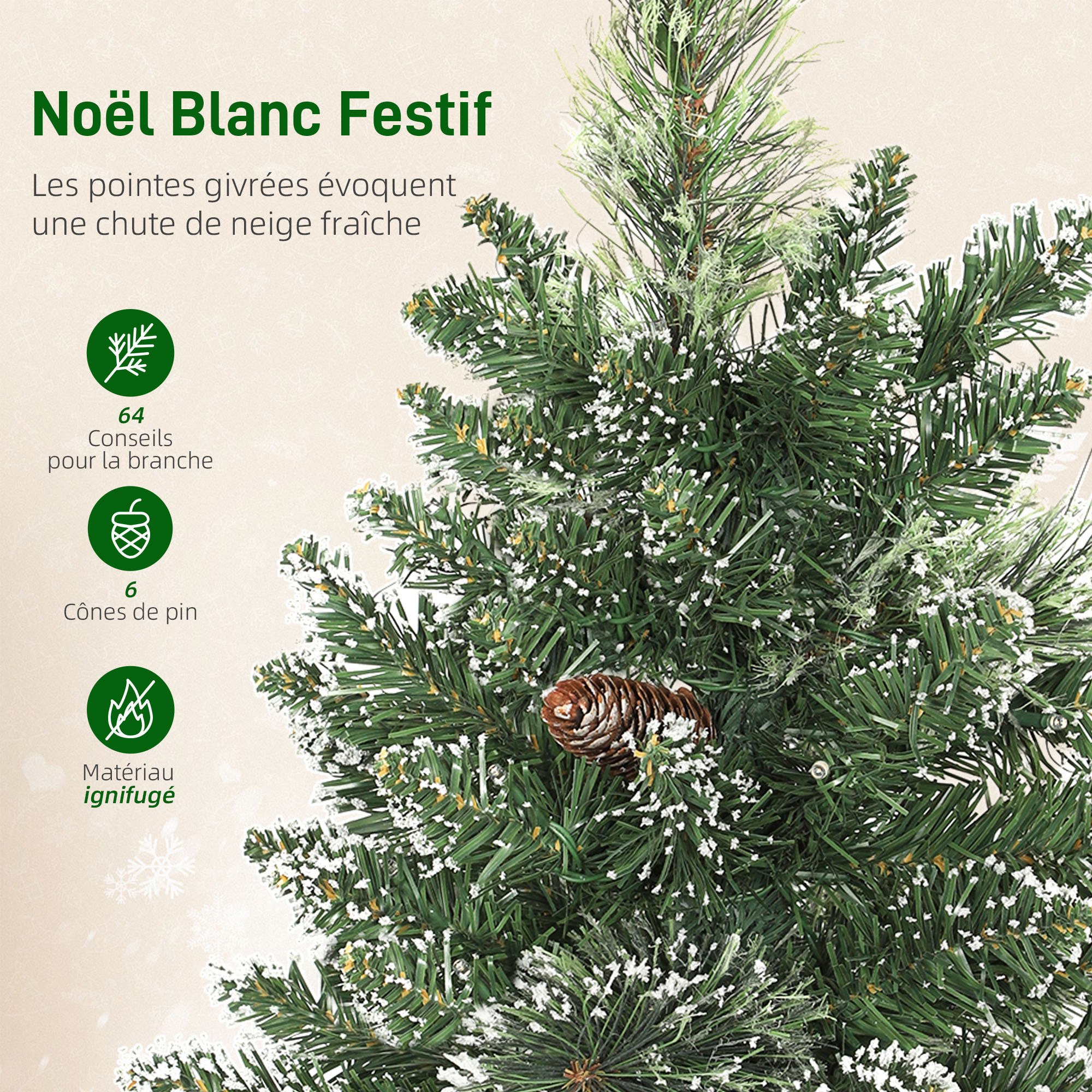 Sapin de Noël artificiel LED enneigé de table bureau H.60cm - 64 branches, 6 pommes de pin - toile de lin