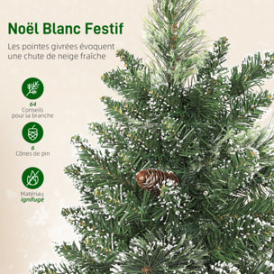 Sapin de Noël artificiel LED enneigé de table bureau H.60cm - 64 branches, 6 pommes de pin - toile de lin